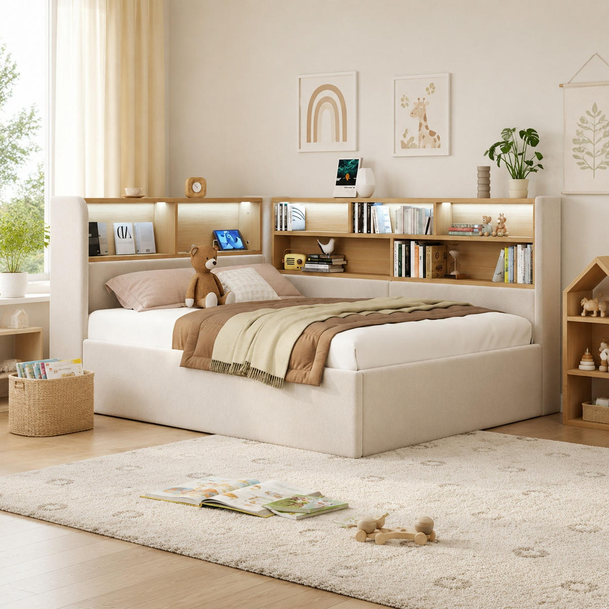 BETT 90/200 mit Bettkasten, LED und USB in Beige - Beige, Holzwerkstoff/Textil (90/200cm) - EVRYAE