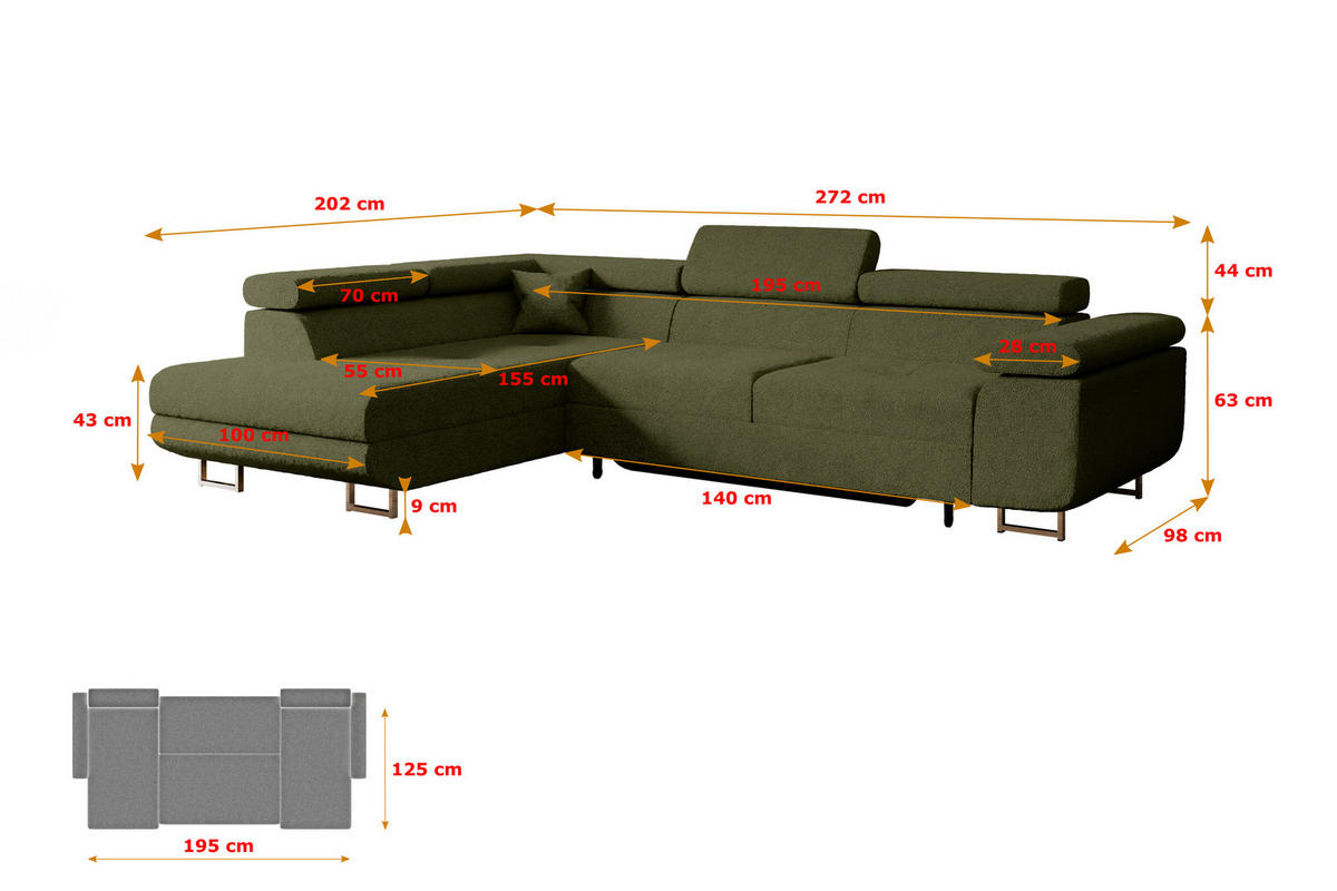 ECKSOFA mit Schlaffunktion und Bettkasten GUSA-L 272x202x107 cm Grün Bouclé - Silberfarben/Grün, Holzwerkstoff/Textil (272/202cm) - ALTDECOR