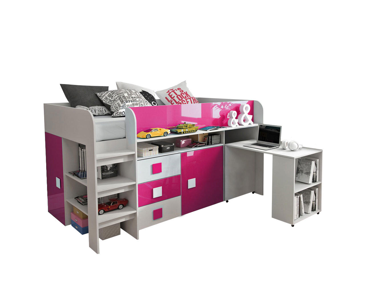 HOCHBETT Toledo weiß / pink Hochglanz - Griffe weiß / pink 106 / 204 / 125cm - Altrosa/Weiß, Holz/Holzwerkstoff (90/200cm) - Feldmann-Wohnen