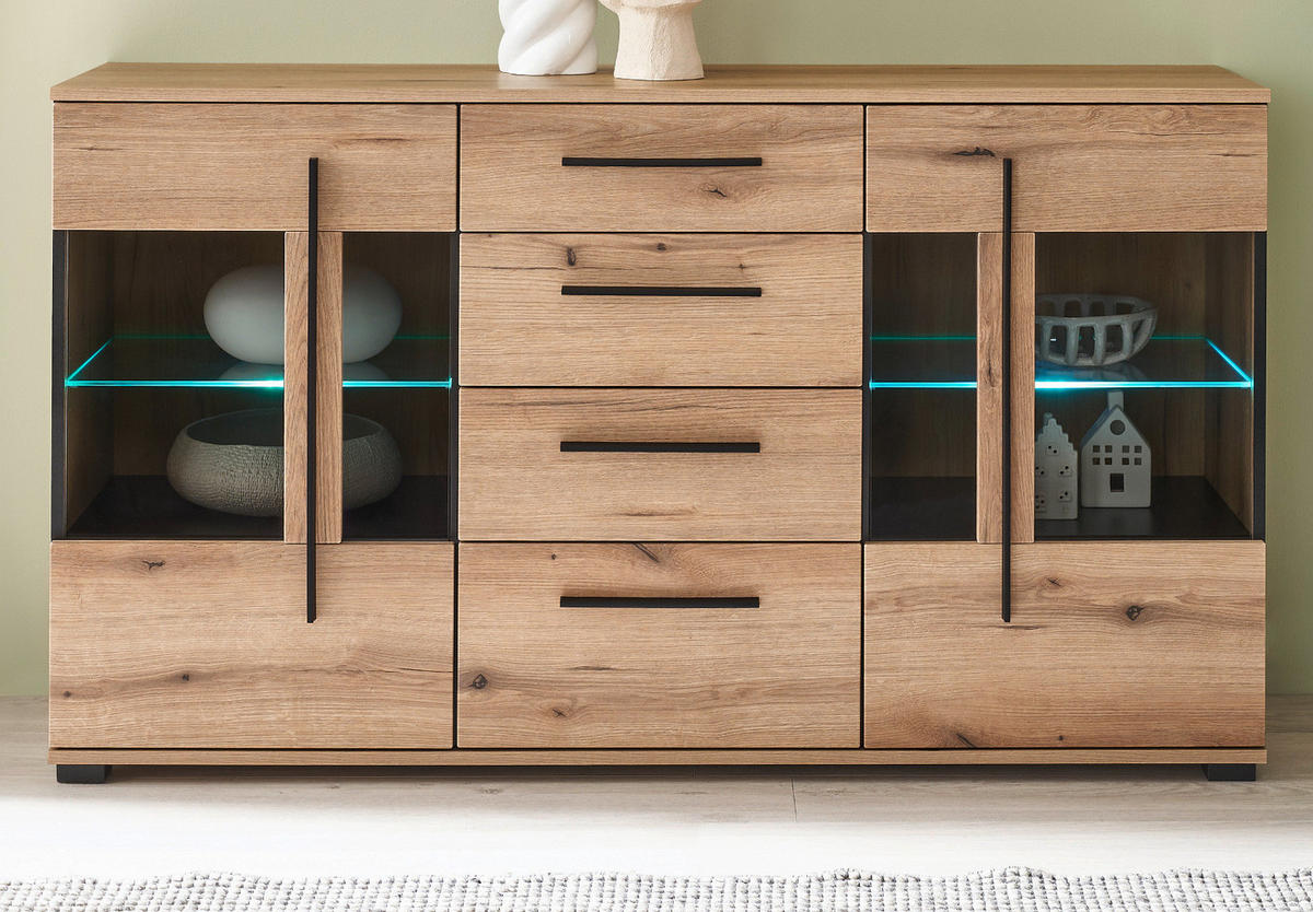 SIDEBOARD Eiche Evoke, Kommode 150 cm mit Beleuchtung - Eichefarben/Schwarz, Glas/Holzwerkstoff (150/86/42cm) - Furn.Design