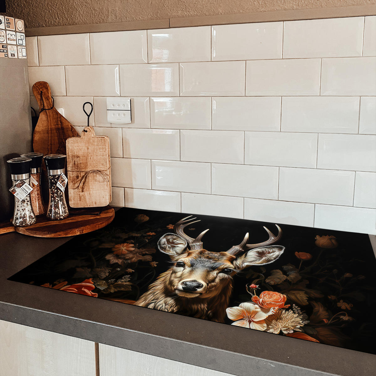 HERDABDECKPLATTE Hirsch - Tier - Blumen - Natur - Botanisch 85x52 cm - Kupferfarben, Kunststoff (85/52/0.2cm) - MuchoWow