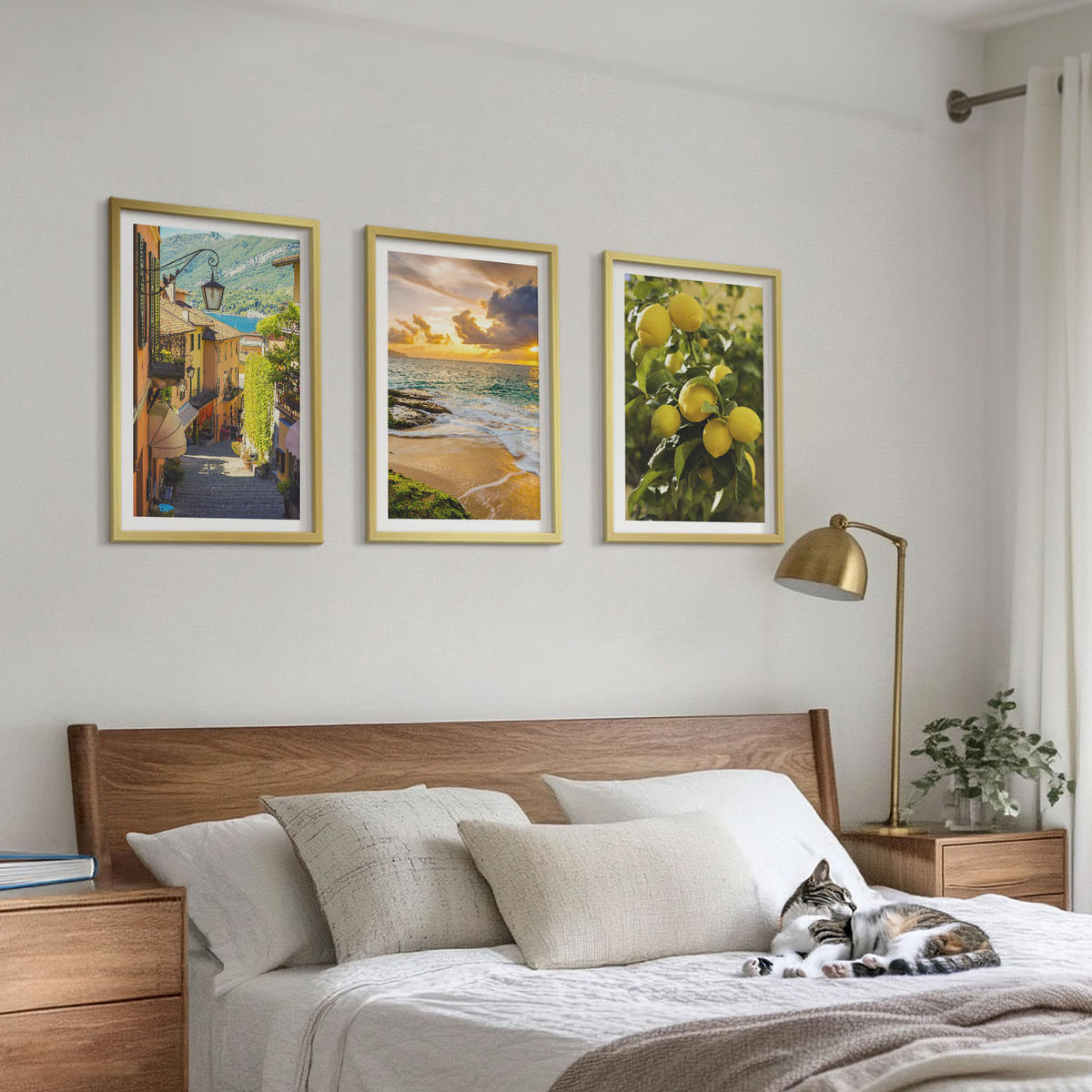 BILDER SET 3er Set - 40x60 cm Goldrahmen - Straßen, Meer, Strand, Zitrusbäume - Goldfarben, Kunststoff (40/60cm) - TULUP