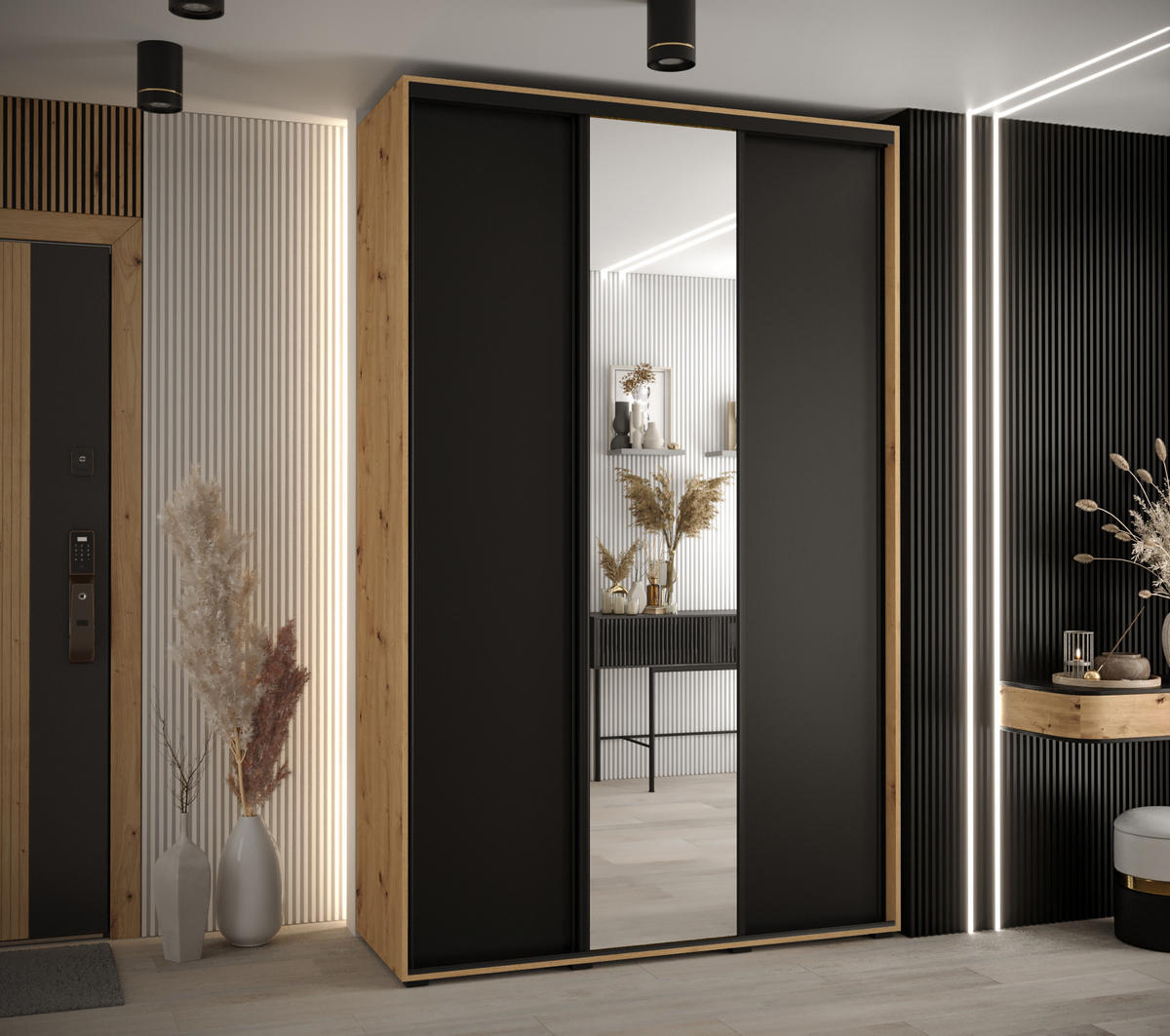 SCHWEBETÜRENSCHRANK 235,2/150/60 3-türig - Schwarz/Eiche Artisan, Holz/Metall (150/235/60cm) - Abiks Möbel