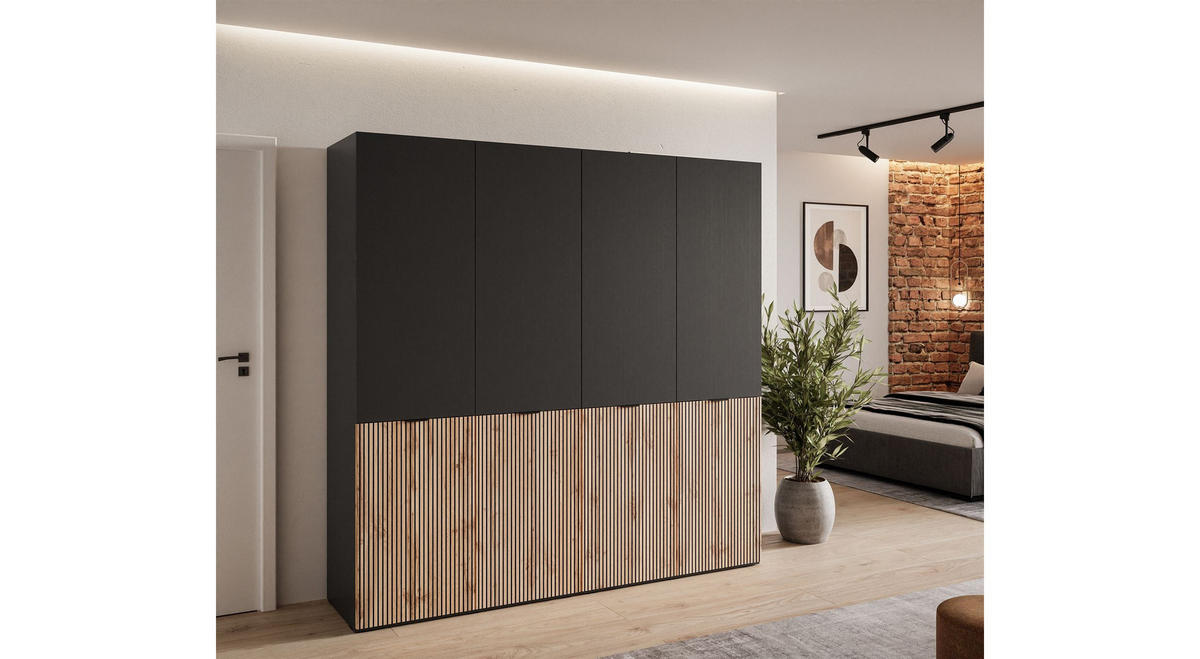 KLEIDERSCHRANK SANDBOX LOFT 200 202/49/200 cm Schwarzgraphit / Schwarzgraphit + Eiche Wotan mit LED ohne Zusatzböden - Eiche Wotan/Schwarz, Holzwerkstoff/Kunststoff (202/200/49cm) - Lookway