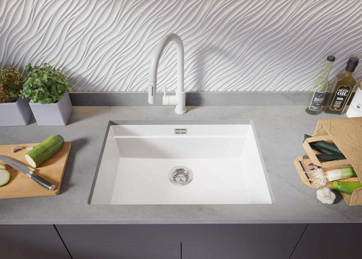 UNTERBAUSPÜLE GRANIT Praga, 2-er set Weiß 66/47 cm 1 Becken + Küchenarmatur 38/14 cm + Ablauf-Set + Aufrollbare Abtropffläche ab 70er Unterschrank - Chromfarben/Weiß, Kunststoff (66/20/47cm) - Primagran