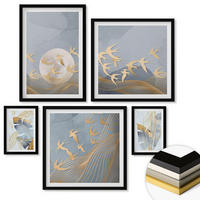 WANDBILDER 5er-Set - 50x50 cm & 20x30 cm & 40x60 cm Schwarzer Rahmen - Blaubeige Blätter im Hintergrund - Schwarz, Kunststoff (40/60cm) - ArtPrintCave