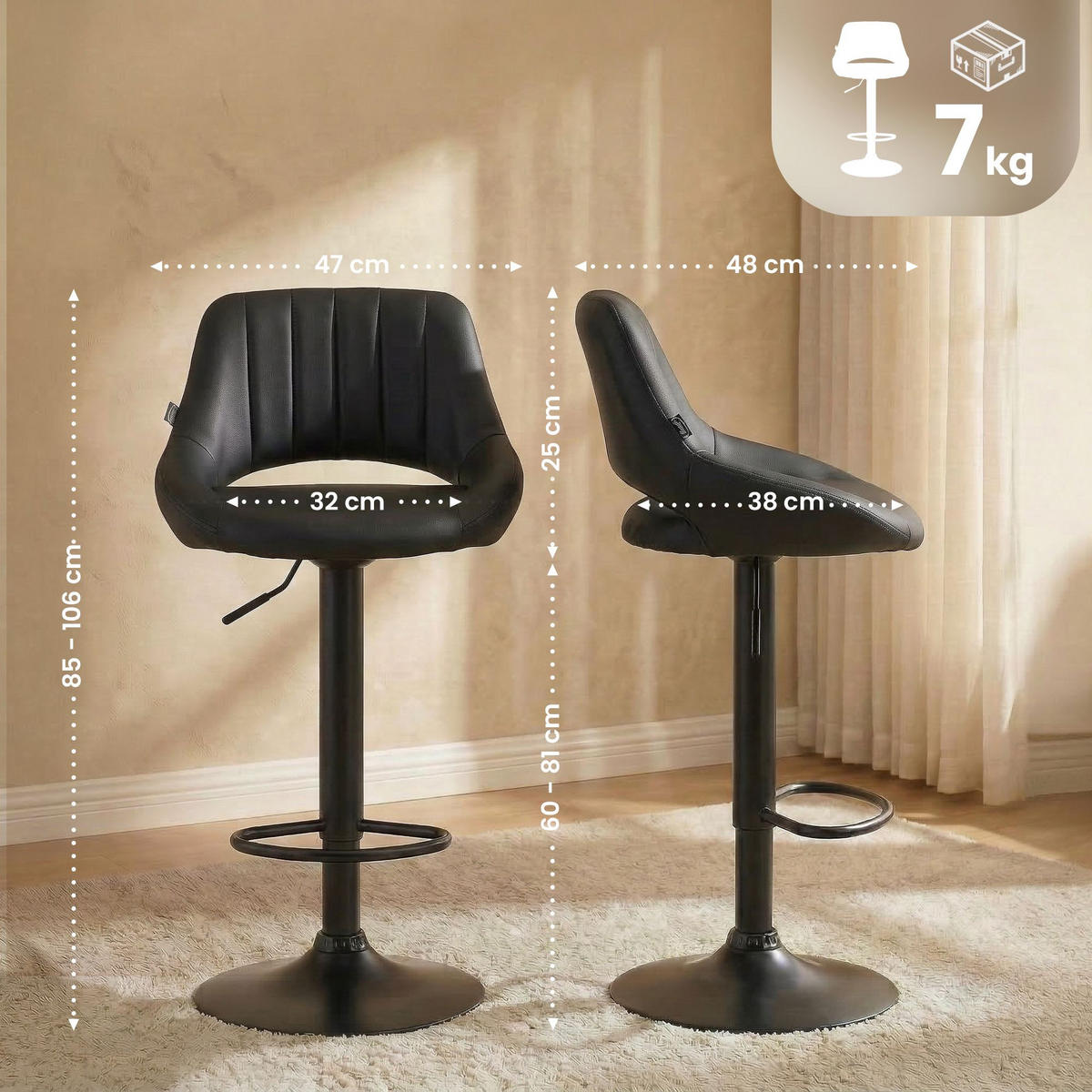 BARHOCKER Lederlook Schwarz - Schwarz, Textil/Metall (47/85/48cm) - CLP