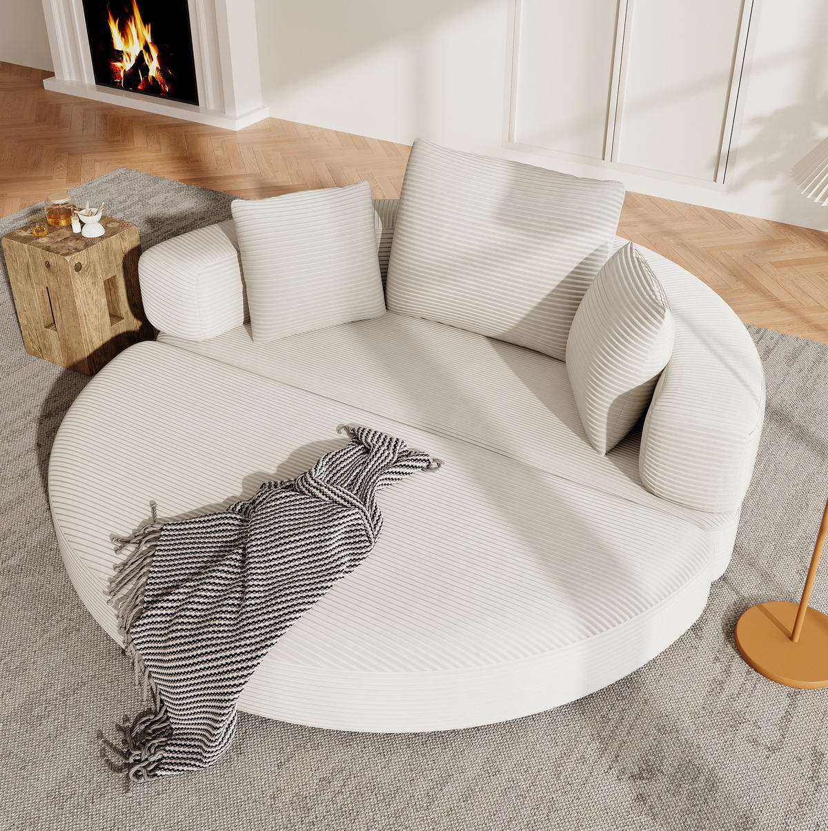 SOFABETT 2-in-1 173x176 cm Cord Light Beige mit 3 Kissen - Beige, Kunststoff (176/40/173cm) - Meubliv