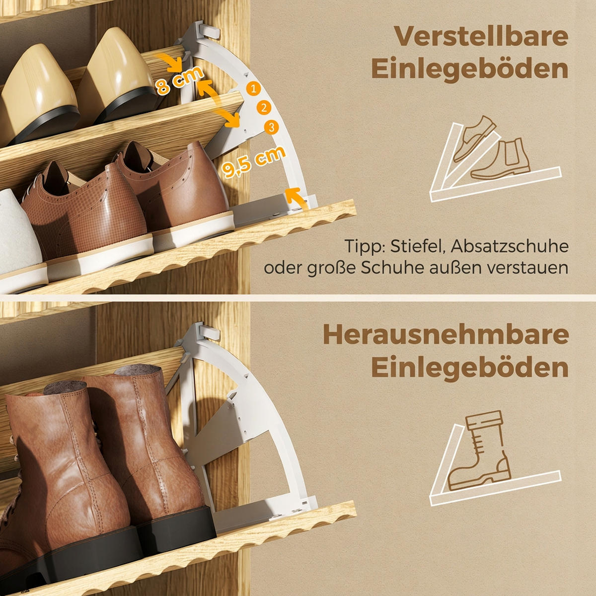SCHUHSCHRANK MDF Hellbraun - Hellbraun, Holzwerkstoff/Metall (24/117.5/80cm) - HOMCOM