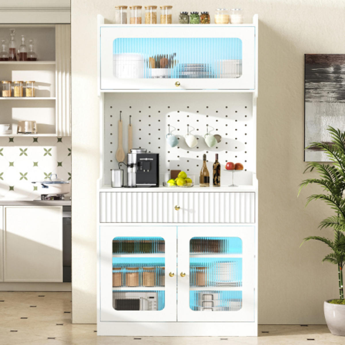 HIGHBOARD mit Riffelglas & LED weiß 80×40×180 cm aus MDF und Spanplatte - Weiß, Holzwerkstoff (80/180/40cm) - Luhomfu