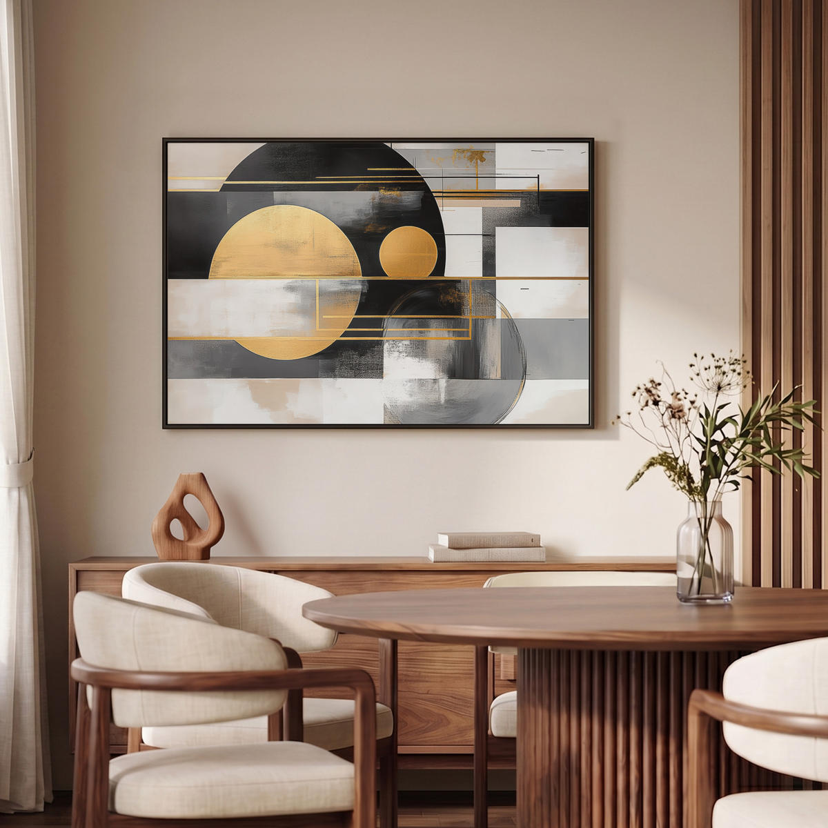 LEINWAND Bilder mit Rahmen - Abstrakt - Gold - Silber - Formen - Ästhetisch - Modern - 90x60 - Goldfarben, Textil (90/60cm) - MuchoWow