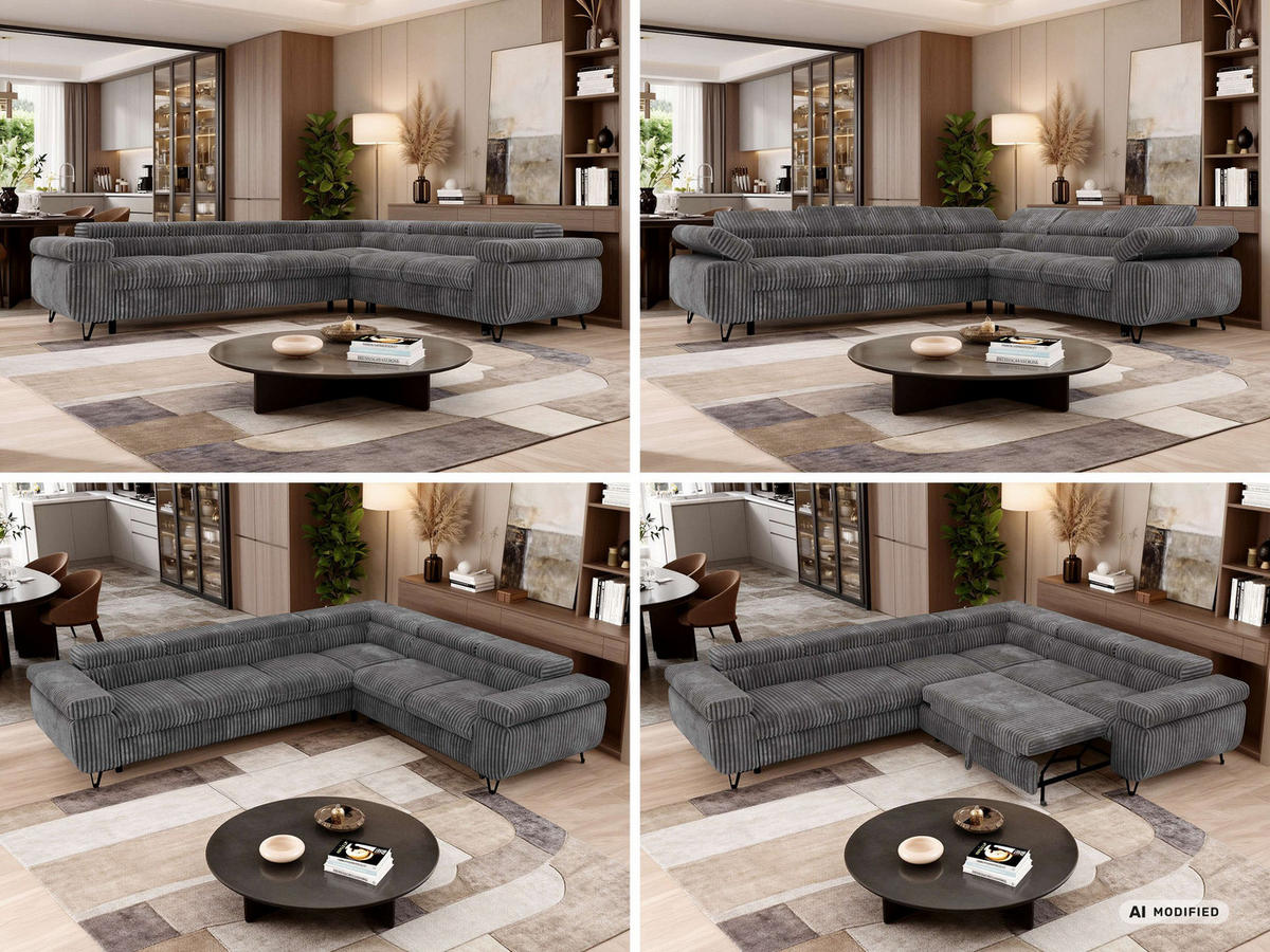 ECKSOFA NORDEN L - Grau Cord - Links Seite - Schwarz/Grau, Textil/Metall (269/329cm) - MKS