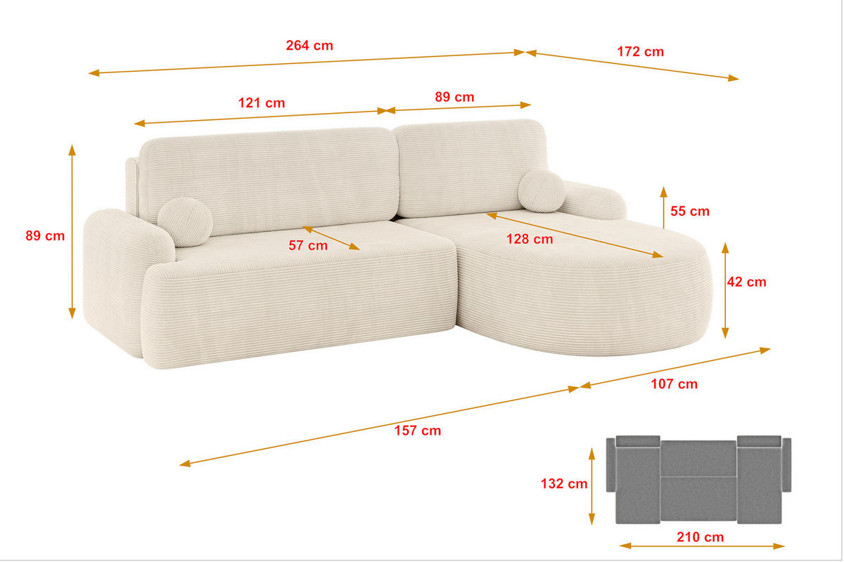 WOHNLANDSCHAFT mit Schlaffunktion und Bettkasten LIRA-L - 264x172x89 Beige - Beige, Holzwerkstoff/Textil (172/264cm) - ALTDECOR