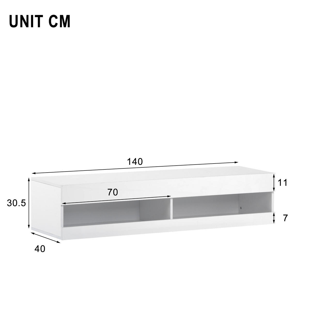 TV-LOWBOARD wandhängend in Weiß Hochglanz mit LED 140/40/30.5 cm - Weiß, Holzwerkstoff (140/30.5/40cm) - Redom