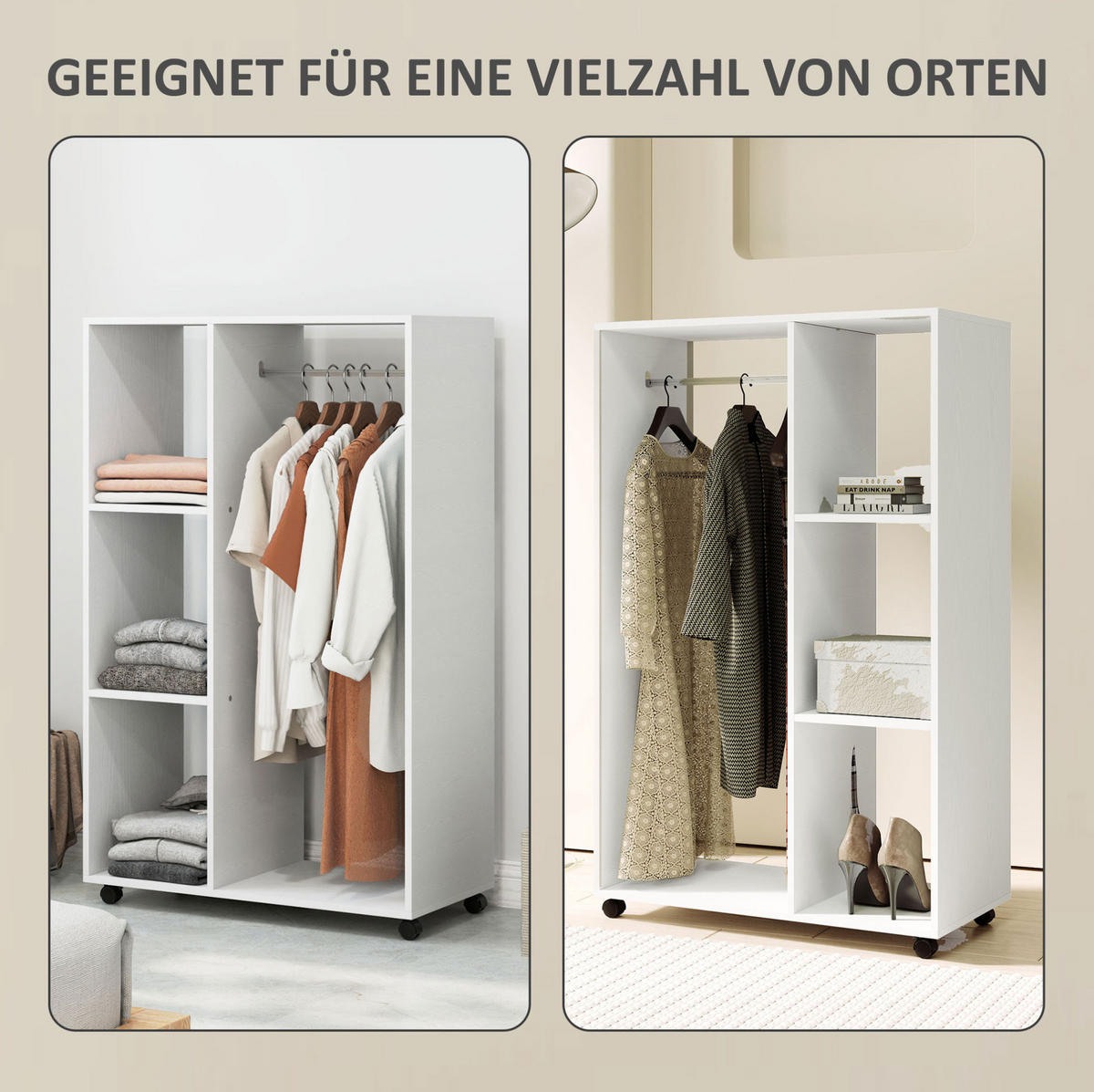 KLEIDERSCHRANK aus Holzwerkstoff 80x40x128 cm Weiß mit Rollen, 3 Regalen und Kleiderstange - Weiß, Holzwerkstoff (80/128/40cm) - Modfu