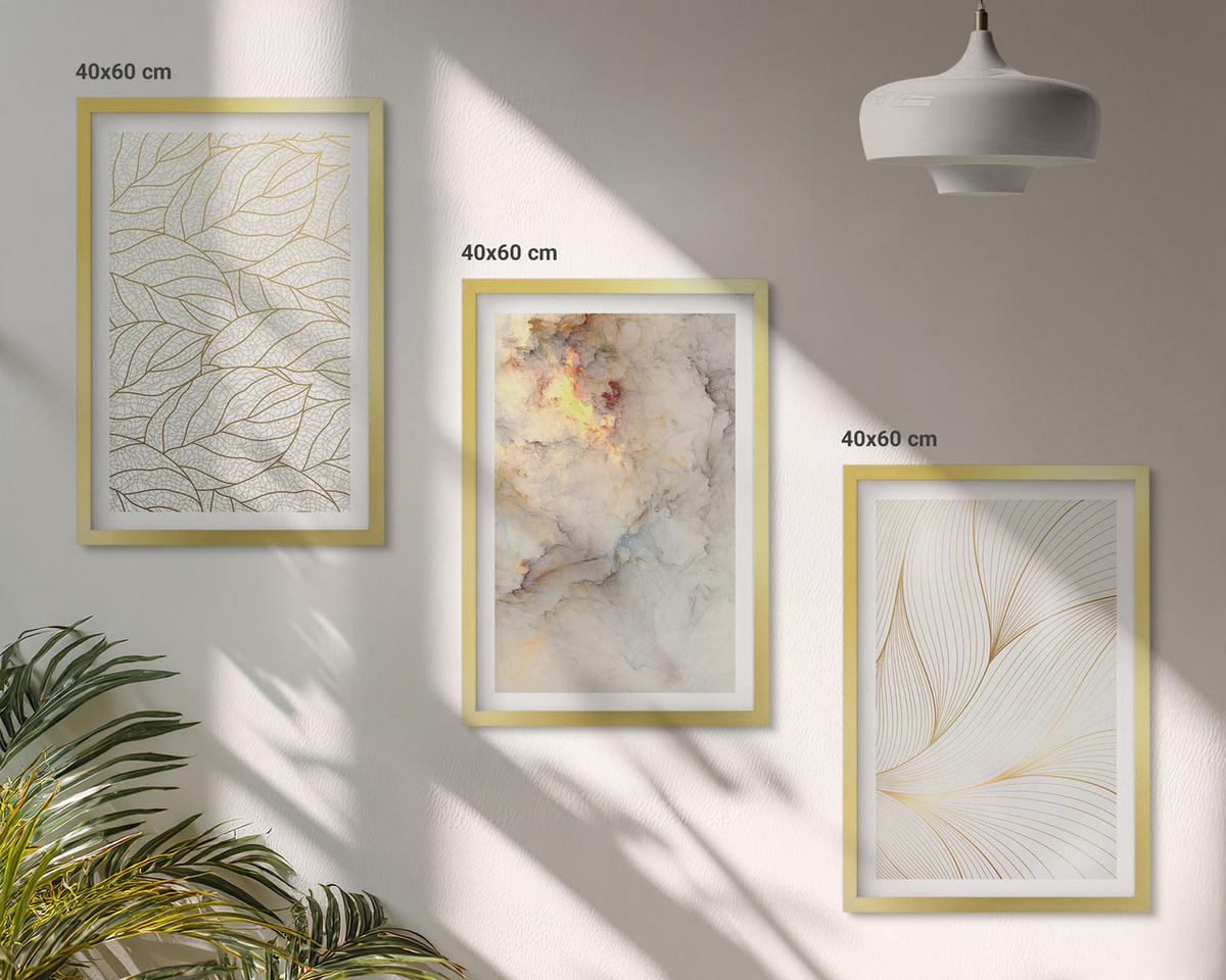 WANDBILDER 3er Set - 40x60 cm Goldrahmen - Blättermuster Marmor abstrakt - Goldfarben, Kunststoff (40/60cm) - ArtPrintCave