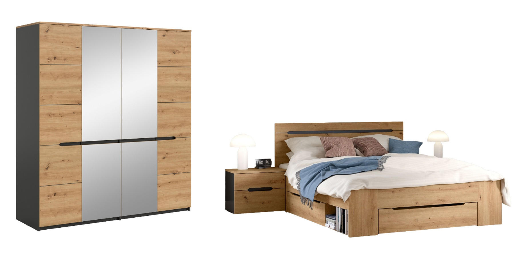 SCHLAFZIMMER Eiche Artisan, grau 4-teilig, Komplettset mit viel Stauraum - Eiche Artisan/Grau, Glas/Holzwerkstoff - Inn.Furn
