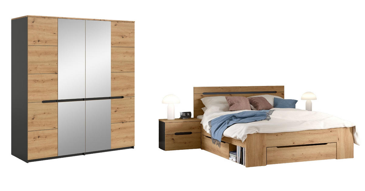 SCHLAFZIMMER Eiche Artisan, grau 4-teilig, Komplettset mit viel Stauraum - Eiche Artisan/Grau, Glas/Holzwerkstoff - Inn.Furn