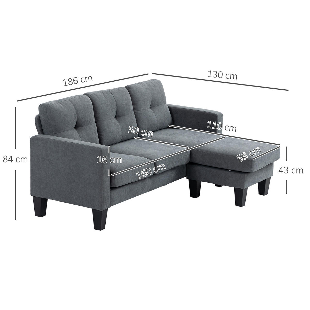 ECKSOFA Dunkelgrau 186.0/130.0/84.0 cm - Dunkelgrau, Textil (130/186cm)