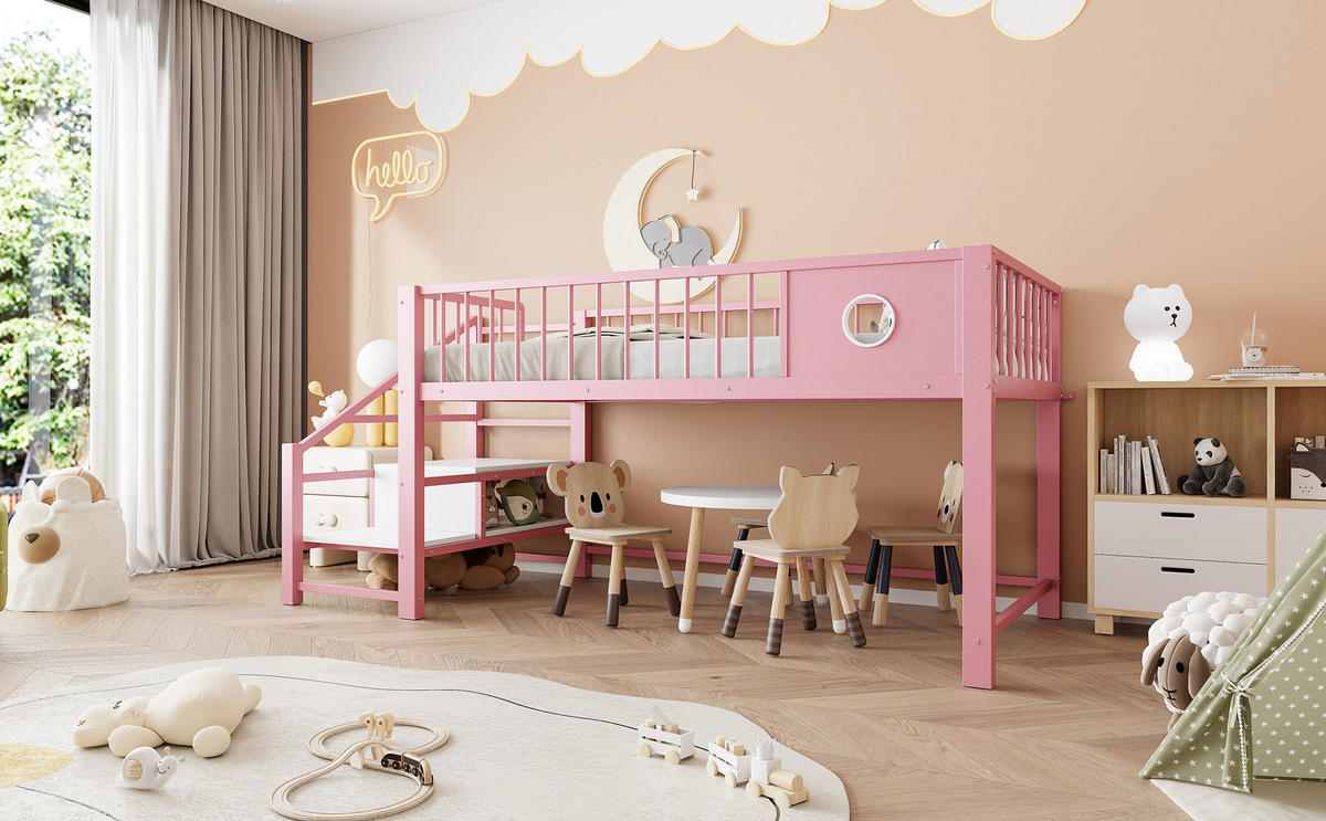 HOCHBETT 90/200 cm in Rosa mit Stauraumleiter und Stauraum - Rosa, Holzwerkstoff/Metall (90/200cm) - CHICFURN