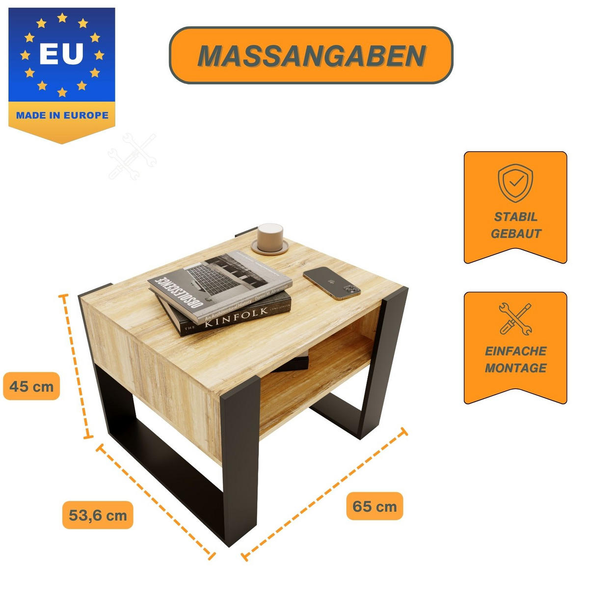 COUCHTISCH Karo65 65/45/53,6 - Alteiche/Schwarz, Holzwerkstoff (53/65/45cm) - RAUMHIRSCH FURNITURE