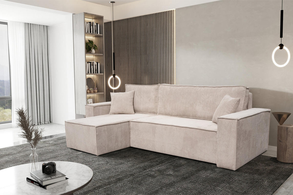 ECKSOFA Hugo L in L-Form mit Schlaffunktion und Bettkasten, Farbe: Beige, Cordstoff, Ottomane Unsiversal - Beige, Textil (244/145cm) - VENASI MÖBEL