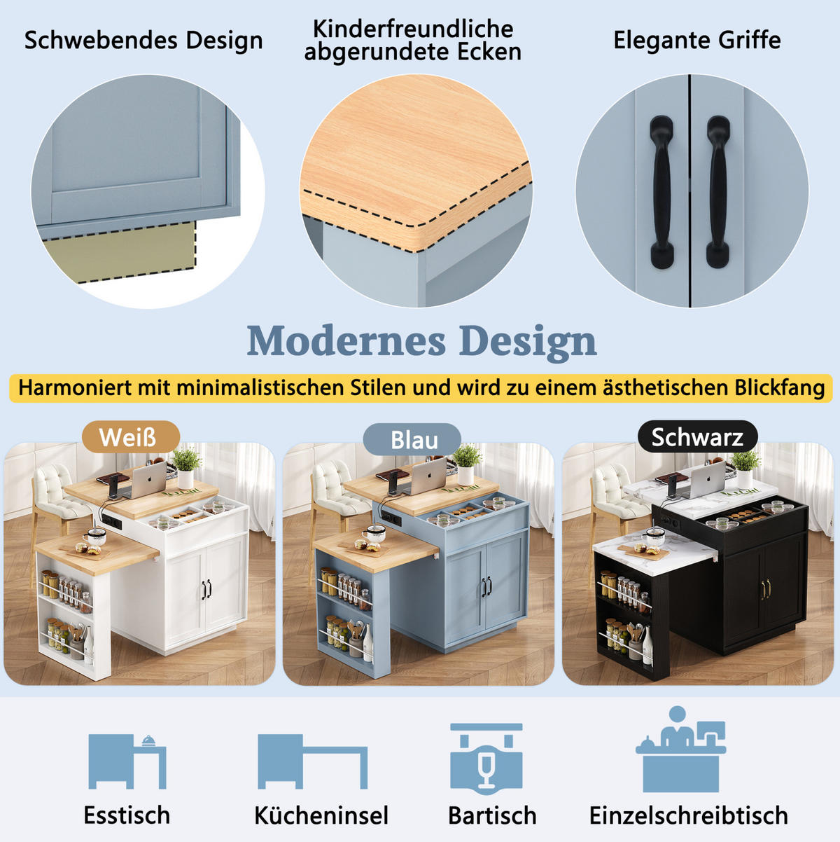 KÜCHENINSEL 125,5-187,5/71/93 cm aus MDF mit ausziehbarer Tischplatte und LED-Beleuchtung Blau - Hellblau, Holzwerkstoff (125.5/93/71cm) - Modenvie