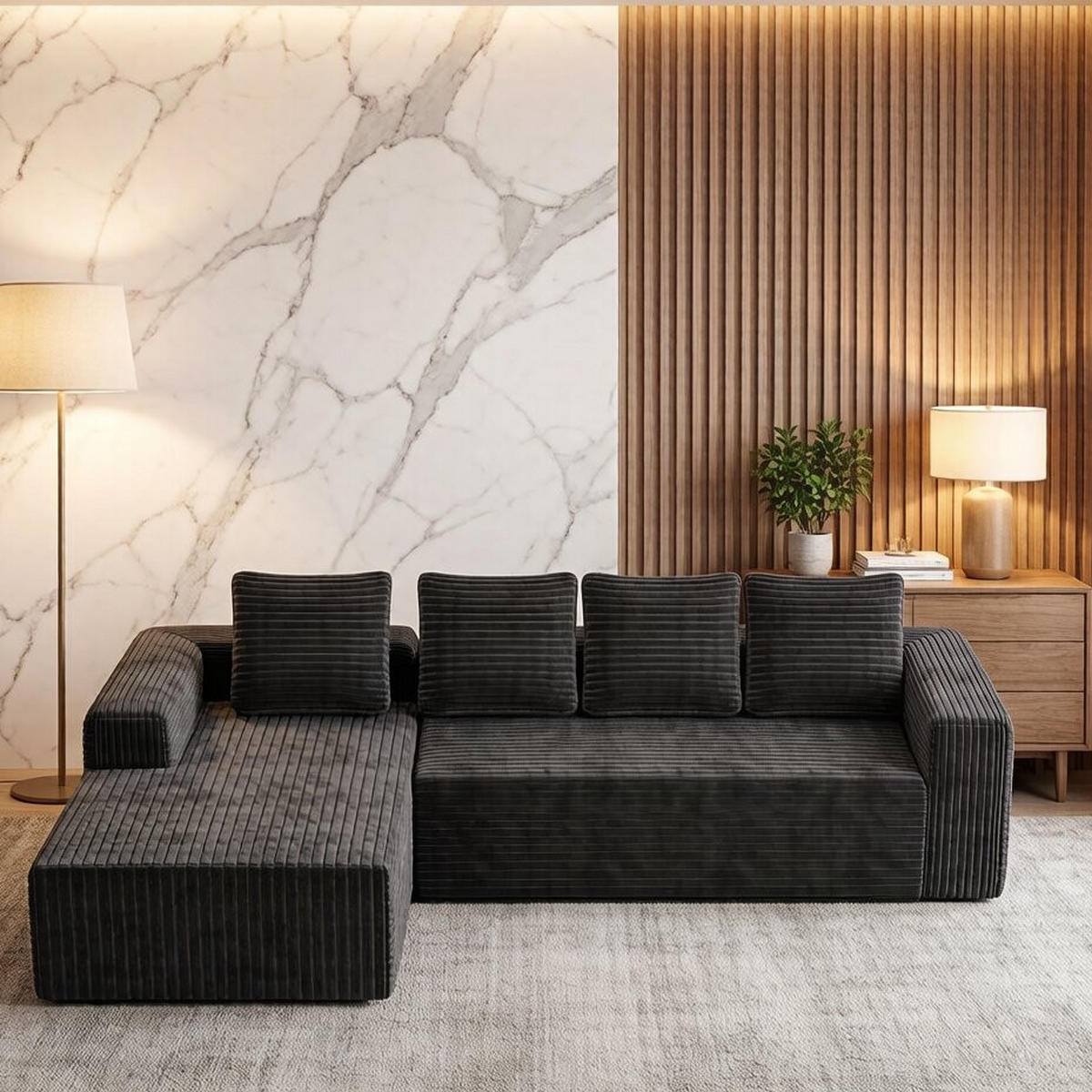 ECKSOFA Cord Grau Ohne Montage - Grau, Textil (261/168cm) - WISHDOR