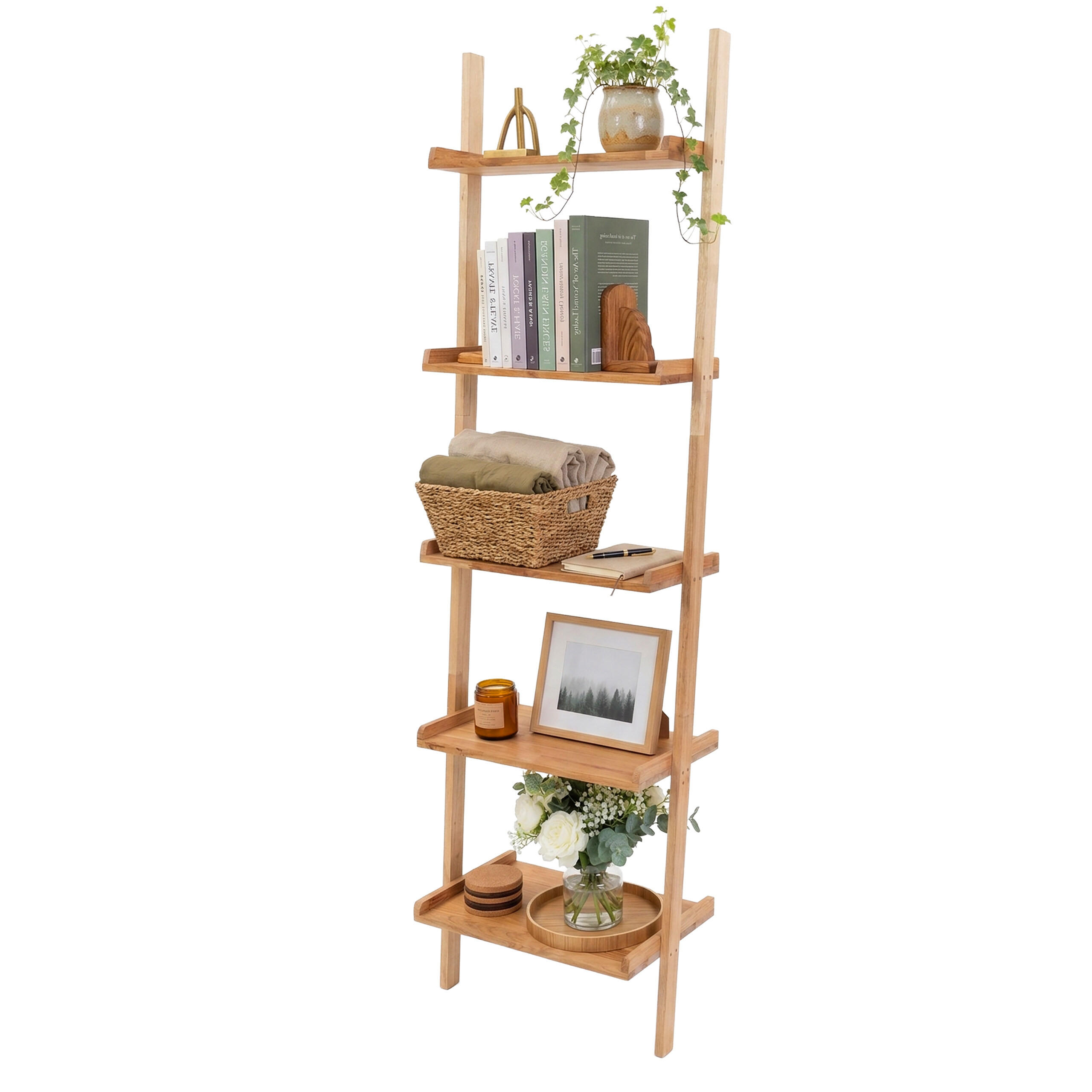LEITERREGAL Natur 5 Ablagen - Hellbraun, Holz (56/189/33cm) - Relaxdays