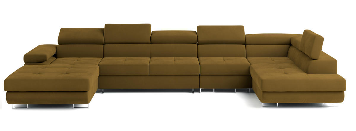 WOHNLANDSCHAFT VELORA R-S Gelb Velours-Stoff mit Schlaffunktion - Gelb, Holz (419/90/202cm) - MASSENO