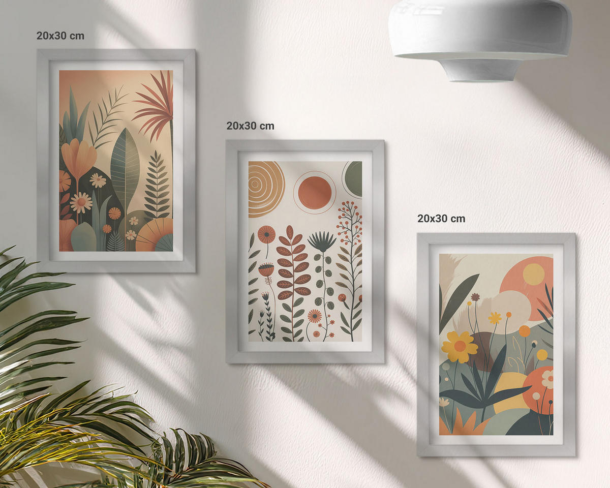 WANDBILDER 3er Set - 20x30 cm Silberner Rahmen - Boho-Pflanzenmuster Natur - Silberfarben, Kunststoff (20/30cm) - ArtPrintCave