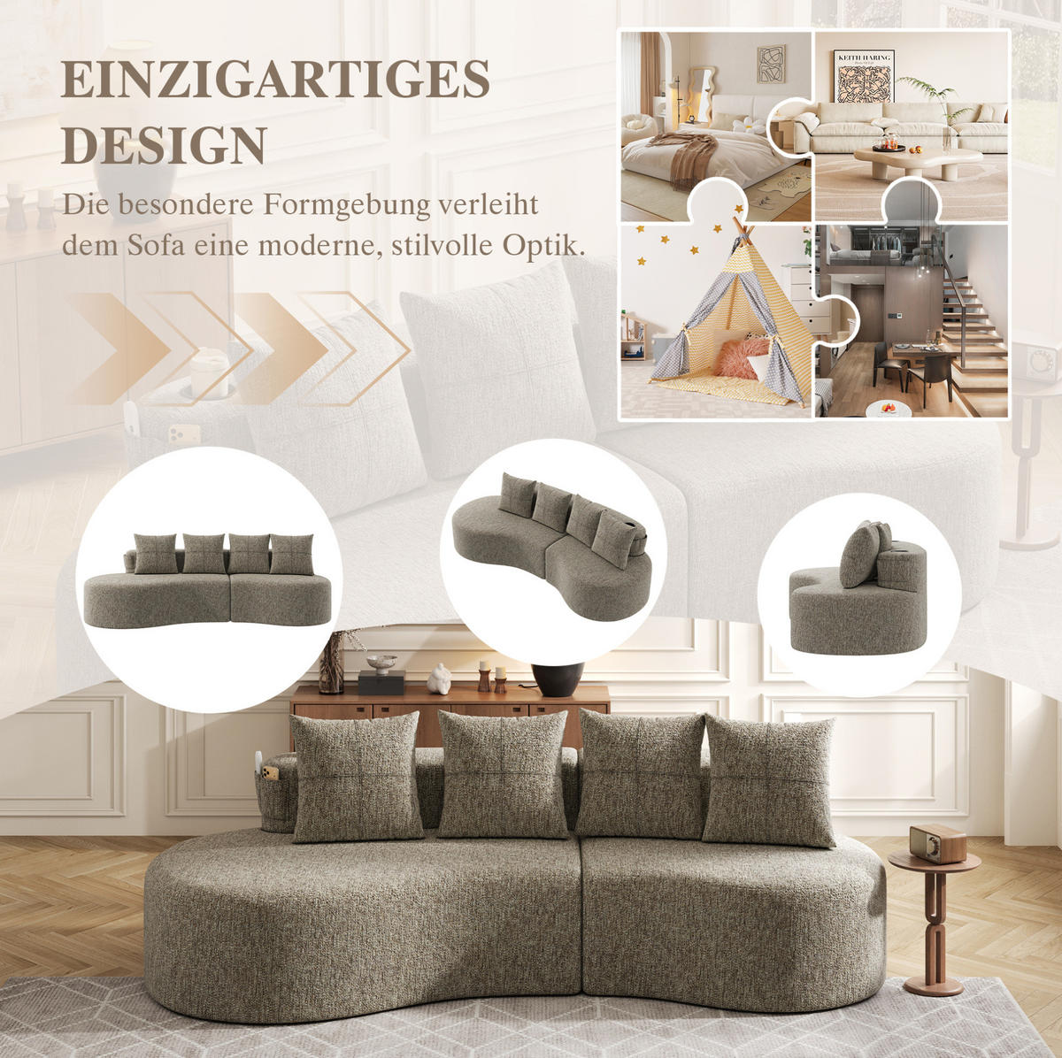 SOFA 240/109/60 cm in Khaki mit Becherhalter, Seitentaschen und 4 Kissen - Sandfarben, Textil (109/63/240cm) - Flora Grace