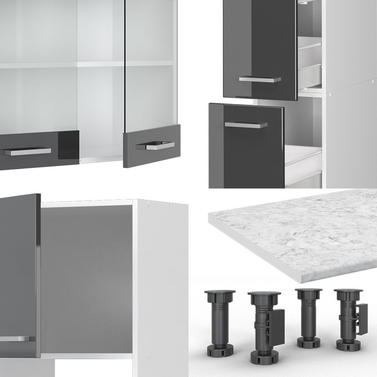KÜCHENZEILE R-Line Anthrazit Hochglanz/Weiß 350 cm mit Hochschrank AP Marmor - Anthrazit/Weiß, Holzwerkstoff (350/81.6/60cm) - Vicco