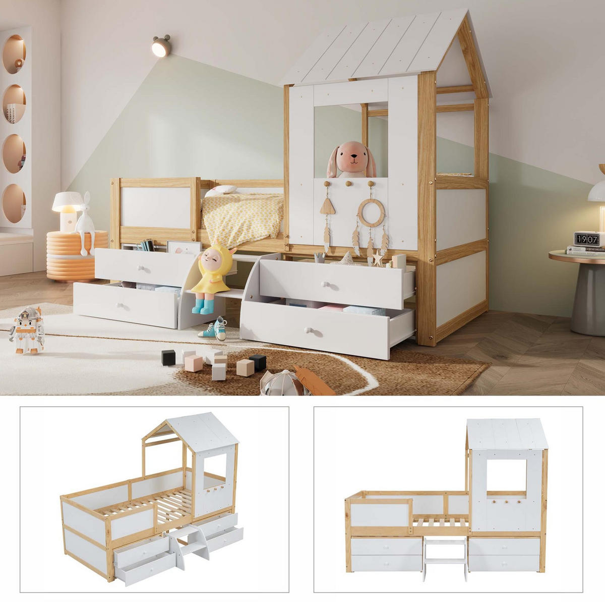 HAUSBETT 90/200 cm halbhoch mit 4 Schubladen und Treppe in Weiß/Natur - Weiß, Holzwerkstoff (90/200cm) - Flora Grace