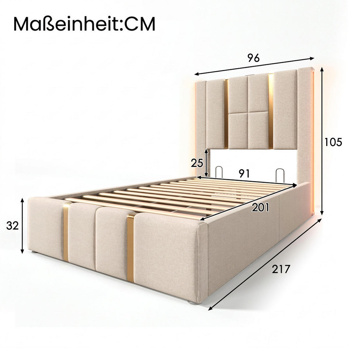 POLSTERBETT 90/200 cm Beige mit USB Type C Ladefunktion und APP-Control LED, Ohne Matratze - Beige, Textil (90/200cm) - Oxeza