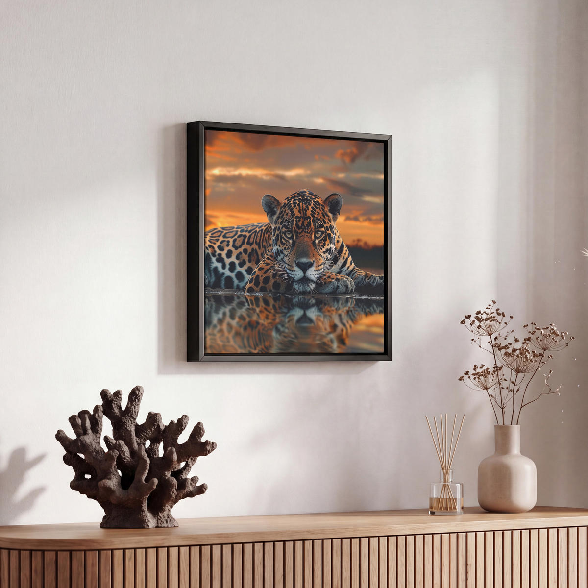LEINWAND Bilder mit Rahmen - Natur - Leopard - Tier - Sonnenuntergang - Modern - 20x20 - Orange, Textil (20/20cm) - MuchoWow