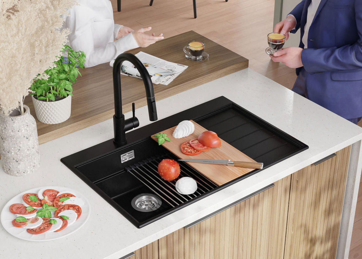 SPÜLBECKEN Sydney, 2-er set Schwarz 78/50 cm 1 Becken + Ablauf-Set + Küchenzubehörset ab 50er Unterschrank - Chromfarben/Beige, Kunststoff (78/20/50cm) - Primagran