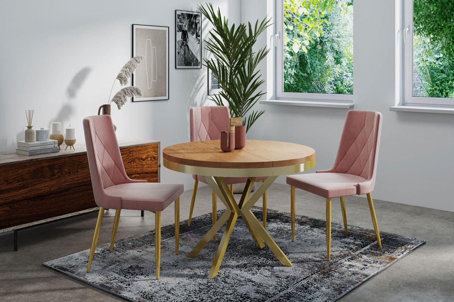 ESSTISCH Dina runder ausziehbarer, Lancelot Eiche 120-200/100/76 cm - Eichefarben/Goldfarben, Holzwerkstoff/Metall (120/120/76cm) - WFL GROUP