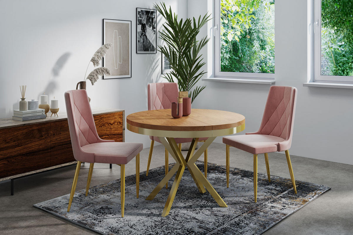ESSTISCH Dina runder ausziehbarer, Lancelot Eiche 120-200/100/76 cm - Eichefarben/Goldfarben, Holzwerkstoff/Metall (120/120/76cm) - WFL GROUP