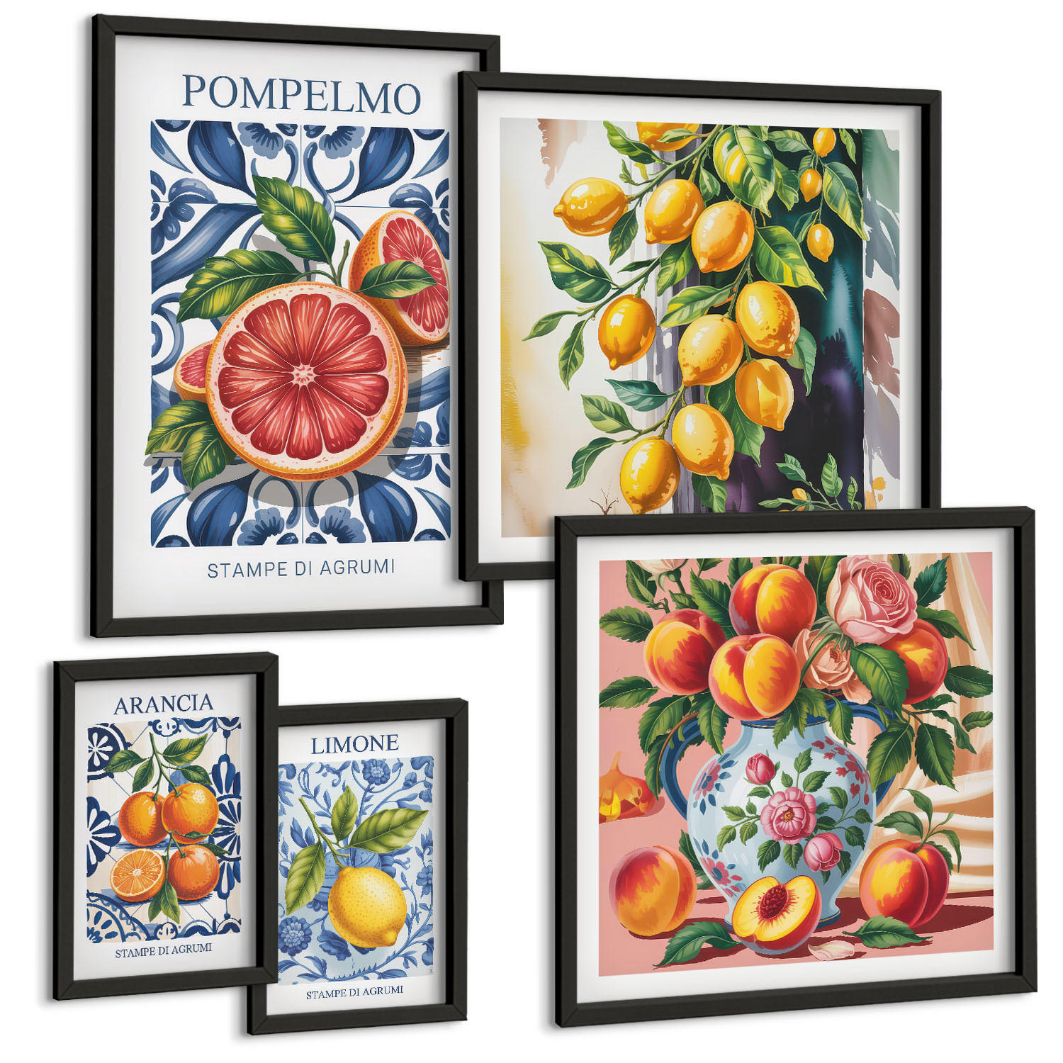 BILDER SET 5er Set - 50x50 cm & 20x30 cm & 40x60 cm Schwarzer Rahmen - Illustrationen von Zitrusfrüchten - Schwarz, Kunststoff (40/60cm) - TULUP