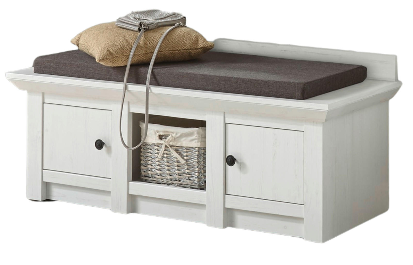 GARDEROBENBANK Pinie weiß 124 cm, Schuhbank mit Stauraum - Schwarz/Weiß, Holzwerkstoff/Metall (124/42/45cm) - Furn.Design
