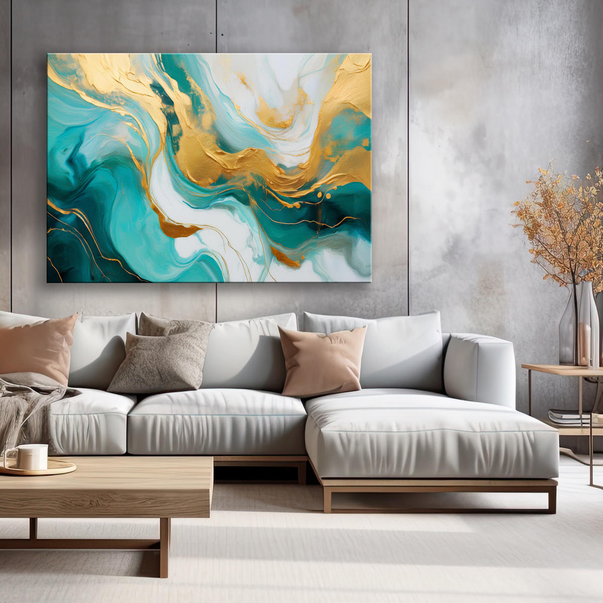 WANDBILD abstrakte marmorstruktur türkisgold - Türkis, Textil (60/40cm) - Feeby