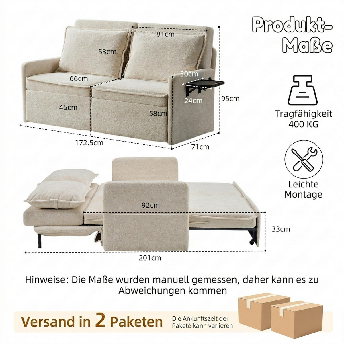 SCHLAFSOFA 172.5/71/95 cm Beige mit USB-Anschluss, 5-fach verstellbarer Rückenlehne und Stauraum - Beige, Textil (71/95/172.5cm) - Oxeza