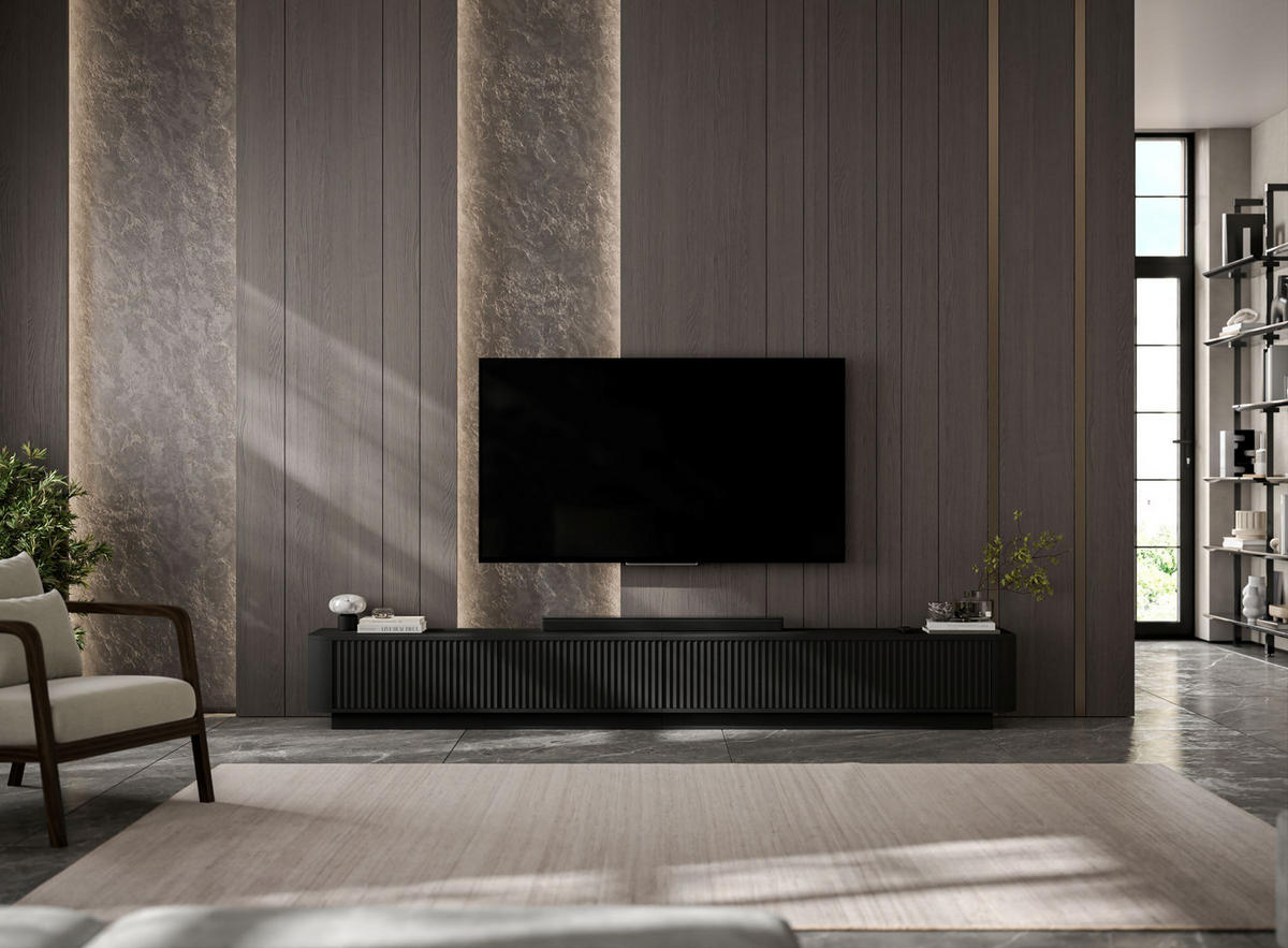 TV skrinka Aurora, set 2 kusov so soklom, matná čierna, 280 cm - čierna, kompozitné drevo (280/37/35cm) - Meble Lindner