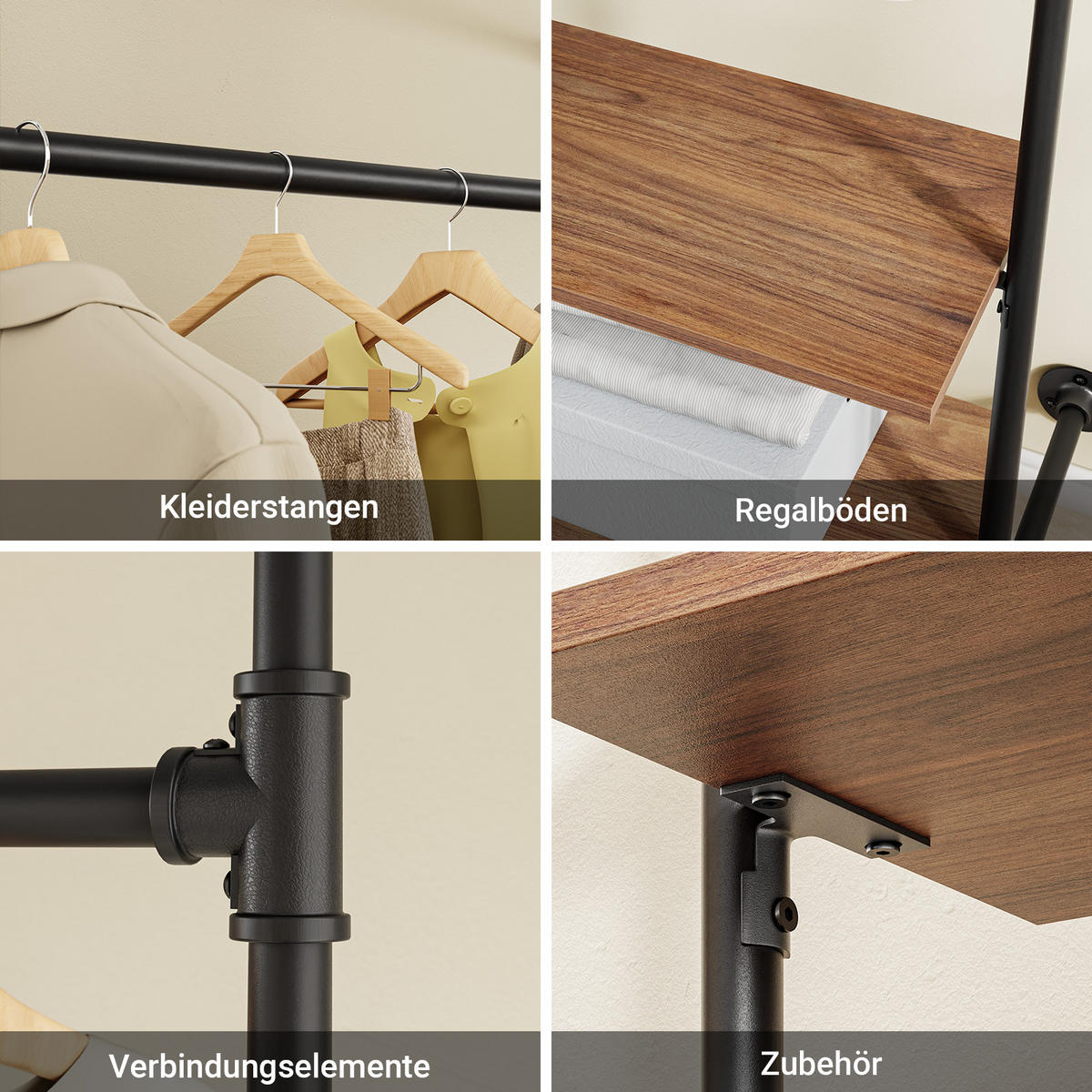KLEIDERSTANGE mit 2 Regalböden, 45kg Tragkraft, 91,5x48x220cm - Schwarz, Metall (48/220/91.5cm) - SoBuy