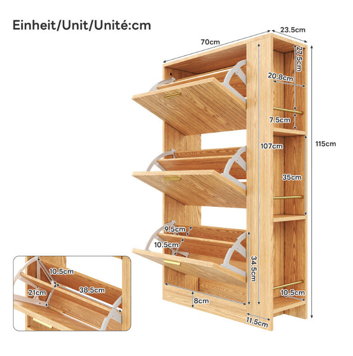 SCHUHSCHRANK 70/23,5/115 cm mit 3 Türen, offenen Seitenfächern und MDF-Korpus, Natur - Naturfarben, Holzwerkstoff (70/115/23.5cm) - Redom