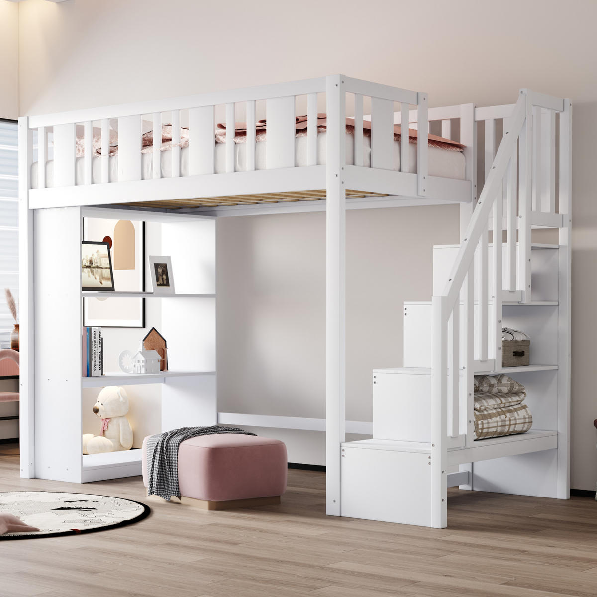 HOCHBETT aus Kiefernholz 90x200 cm in Weiß mit Stauraumtreppe - Weiß, Holz (90/200cm) - Modfu