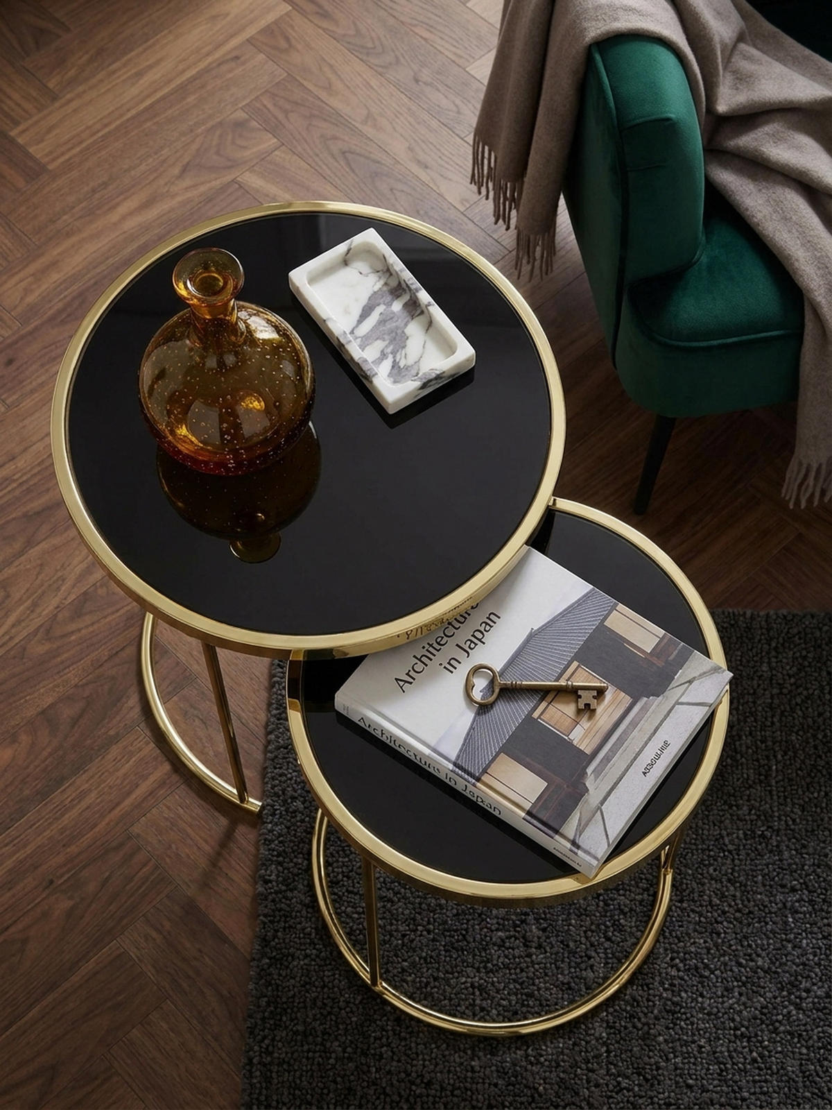 SATZTISCH Set – 2-teilig Metall Hochglanz schwarzes Glas 50/42 cm - Goldfarben/Schwarz, Glas/Metall (50/50/50cm) - KADIMA DESIGN