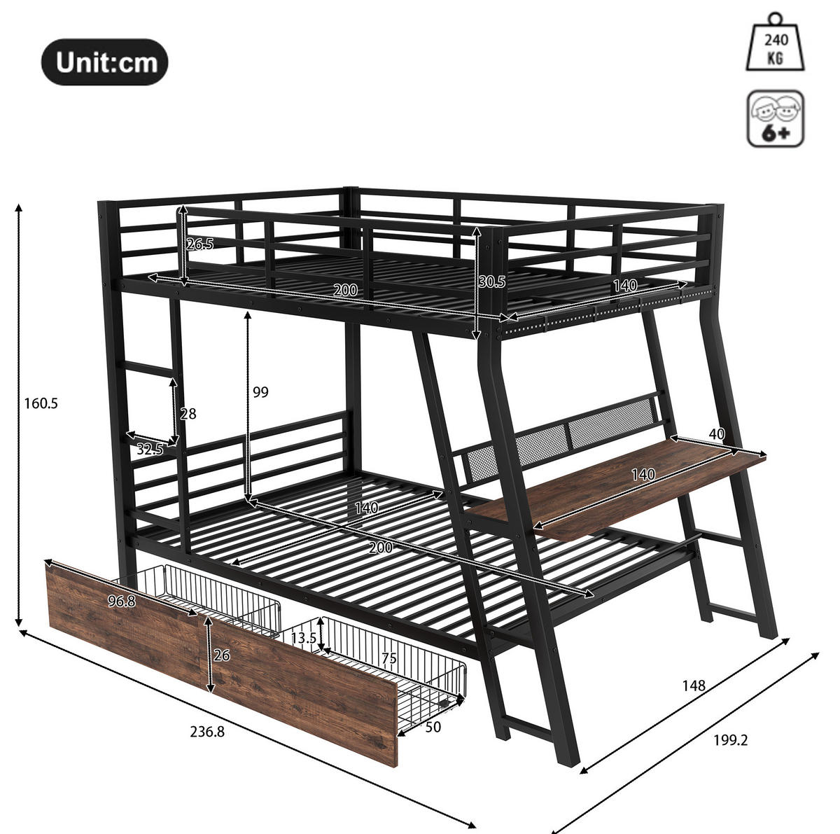 HOCHBETT mit Schreibtisch und 2 Schubladen 140x200 cm Metall Schwarz - Schwarz, Metall (140/200cm) - Beauniv