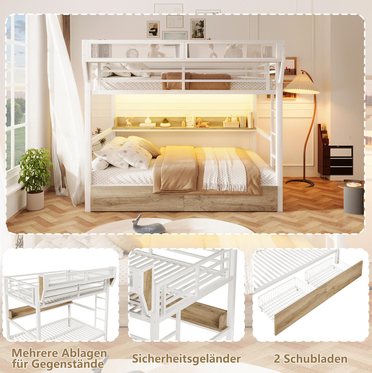 ETAGENBETT 140/200 cm aus Metall und MDF mit LED-Licht und Stauraum Weiß - Weiß, Holzwerkstoff (140/200cm) - Modenvie